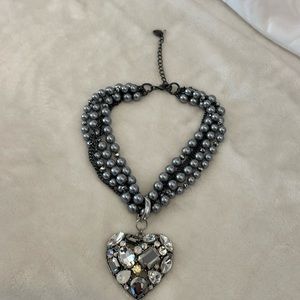Costume multi strand faux pearl gray necklace with rhinestone heart